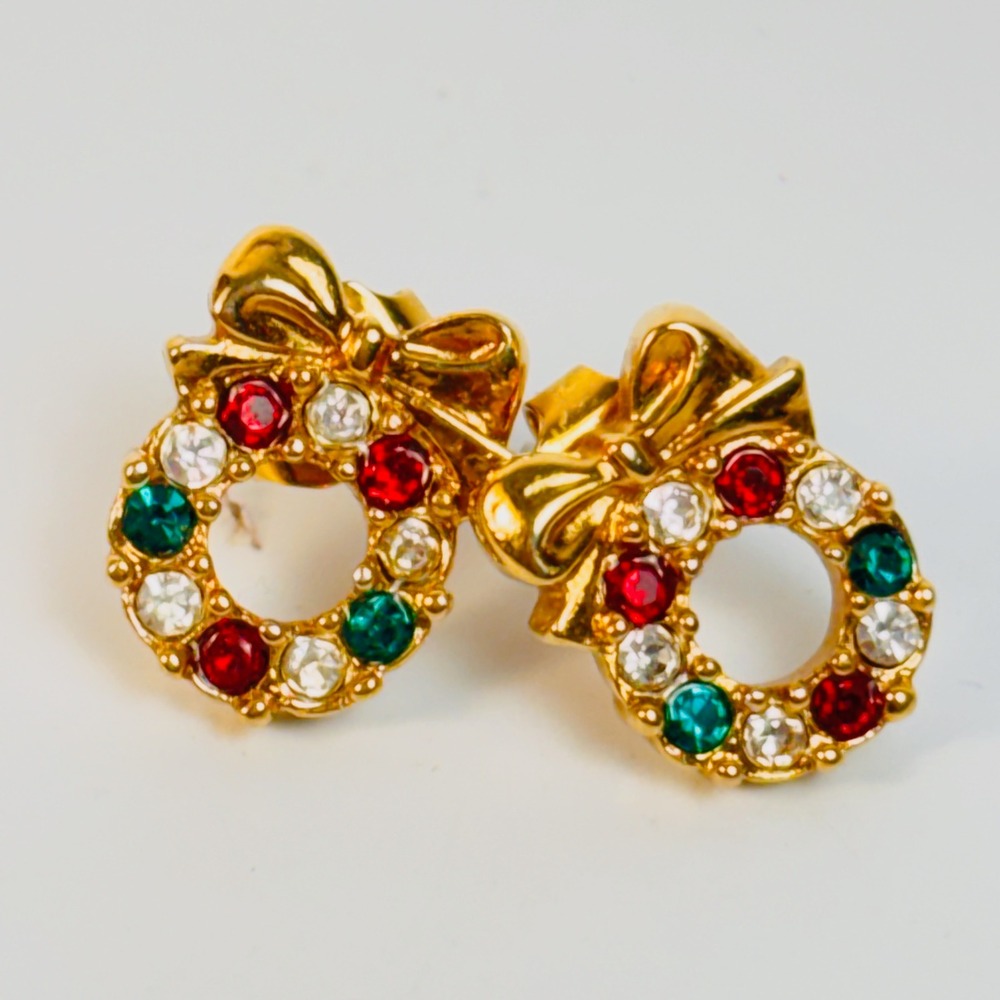 Vintage Christmas Wreath Earrings Gold Red Green Rhinestone Bow Festive Holiday